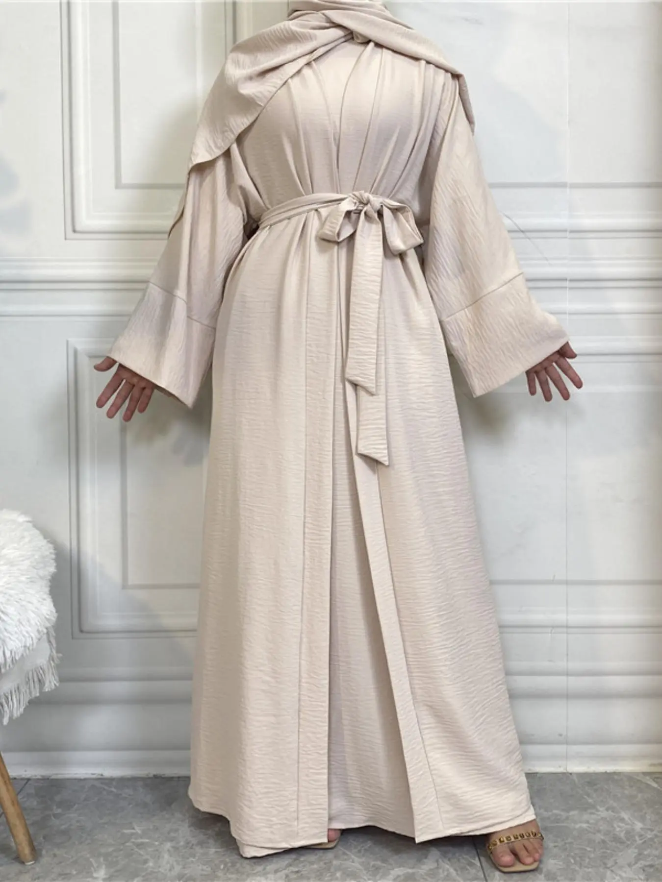 Two-piece Set Women's Modest Solid Color Belted Long Outwear & Tank Dress, Casual Long Sleeve Open Front Outerwear & Dress, Ladies Clothing for All Seasons, Modest Islamic Muslim Clothing Muslim Outfits