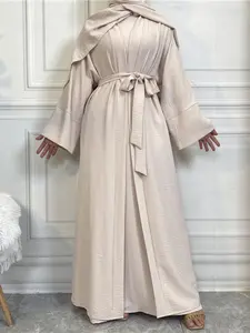 Two-piece Set Women's Modest Solid Color Belted Long Outwear & Tank Dress, Casual Long Sleeve Open Front Outerwear & Dress, Ladies Clothing for All Seasons