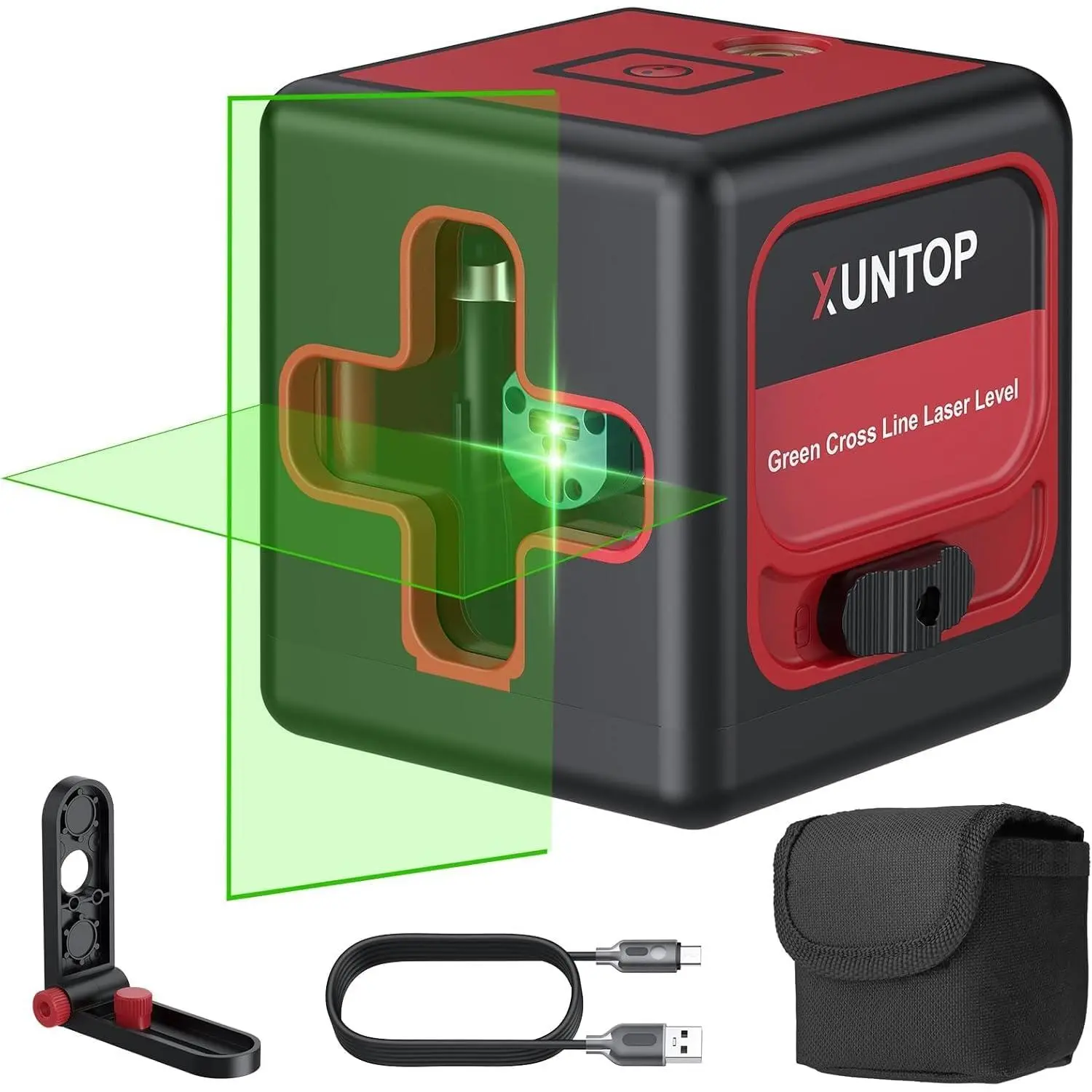 XUNTOP 100Ft Laser Level Self Leveling (±3°) with ±1.5mm/5m Accuracy Green Cross Laser Level with Magnetic Bracket and Pouch for Picture Hanging Wall Floor Tile Construction (Class 2, <1mW Output)