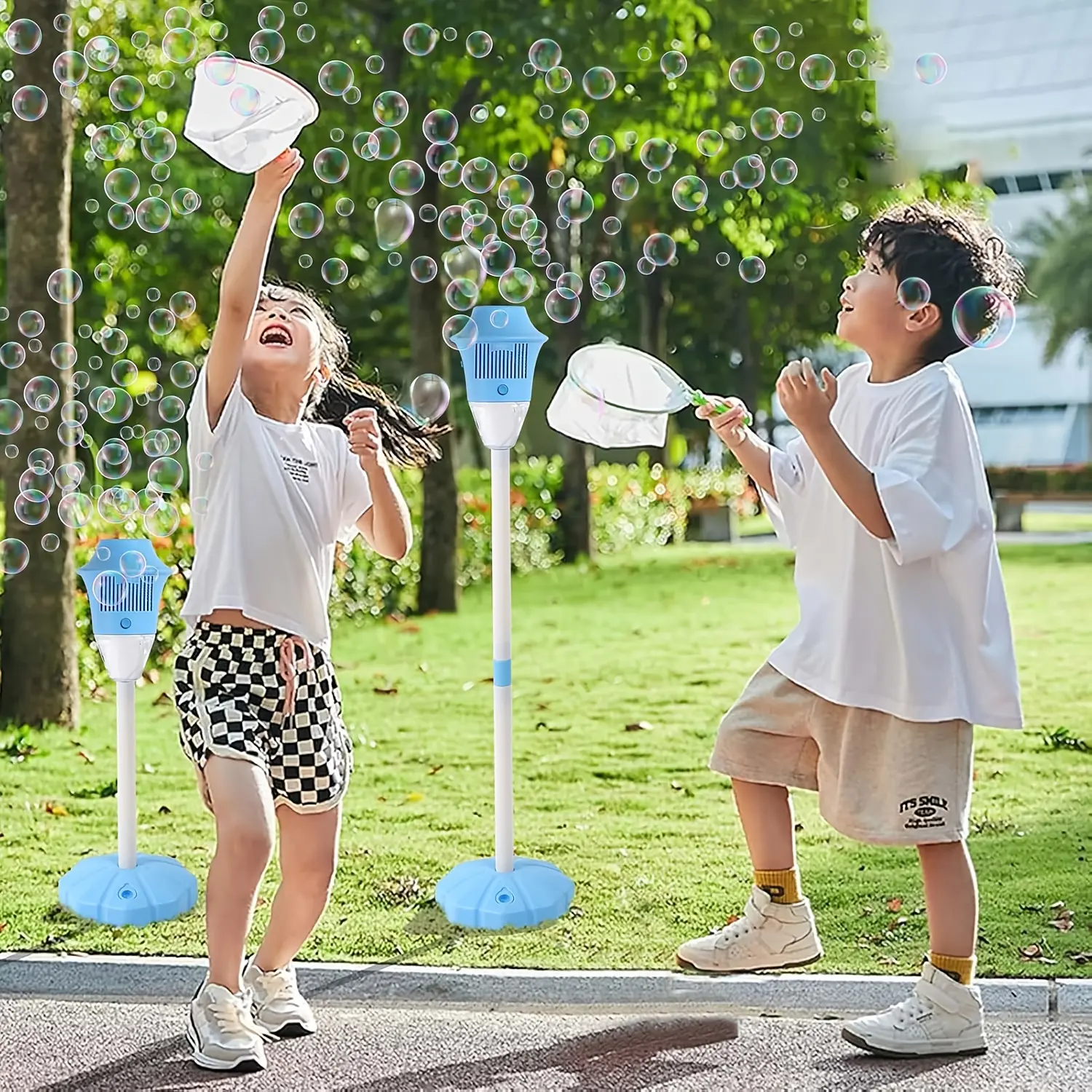 47-Inch Vertical Automatic Bubble Stand Machine, Outdoor Battery-Operated Bubble Blower with Lights for Weddings, Children's Birthday Celebrations