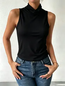 Women's High-Neck Sleeveless Tank Top, Stretchy & Slim Fit, Soft, Skin-Friendly & Breathable Fabric, Versatile Slimming Base Layer, All-Season Wear, Casual Style, Ideal for Daily Wear, Women's Top, Sleeveless Top