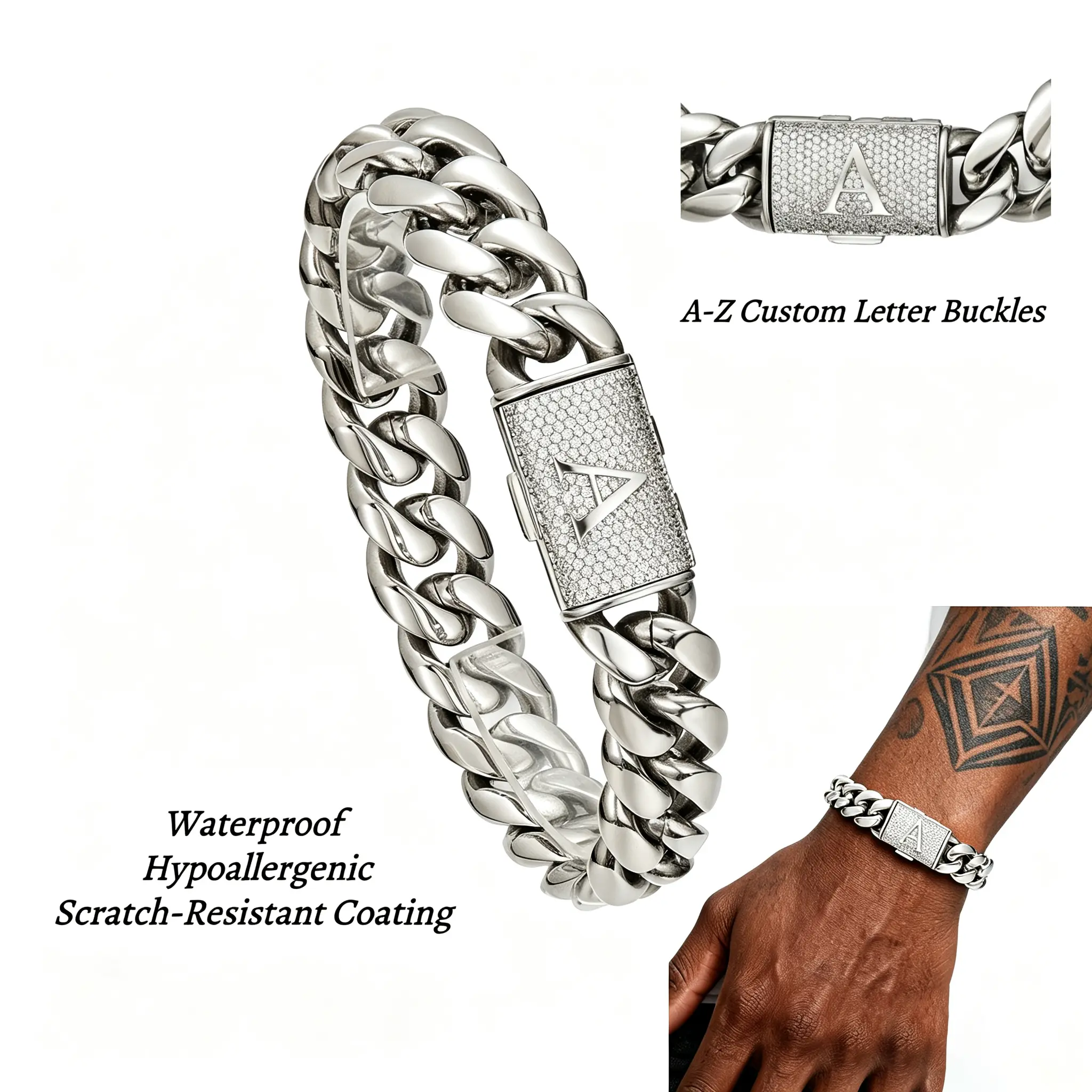 Men's 14mm Cuban Link Bracelet in Stainless Steel with Personalized Initial Clasp - Bold, Tarnish Resistant Chain for Everyday Wear, Waterproof, A-Z Alphabet Initial Clasp, Fashion, Cuban Link Bracelets & Bangles