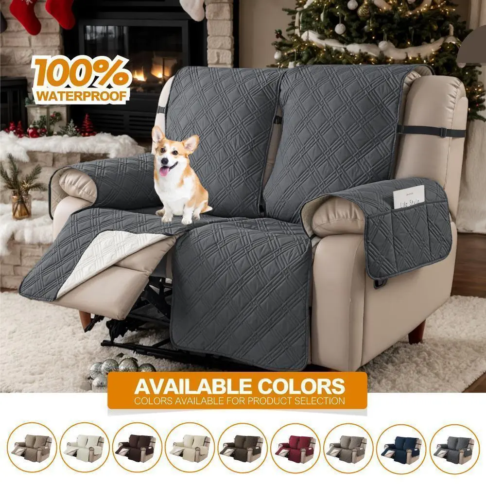 2/3-Seater 100% Waterproof Elastane Loveseat Recliner Cover, Non-Slip Warm Classic Lounge Couch Protector with Pocket, Pet Dog-Friendly Home Accessory for Living Room & Garden Furniture