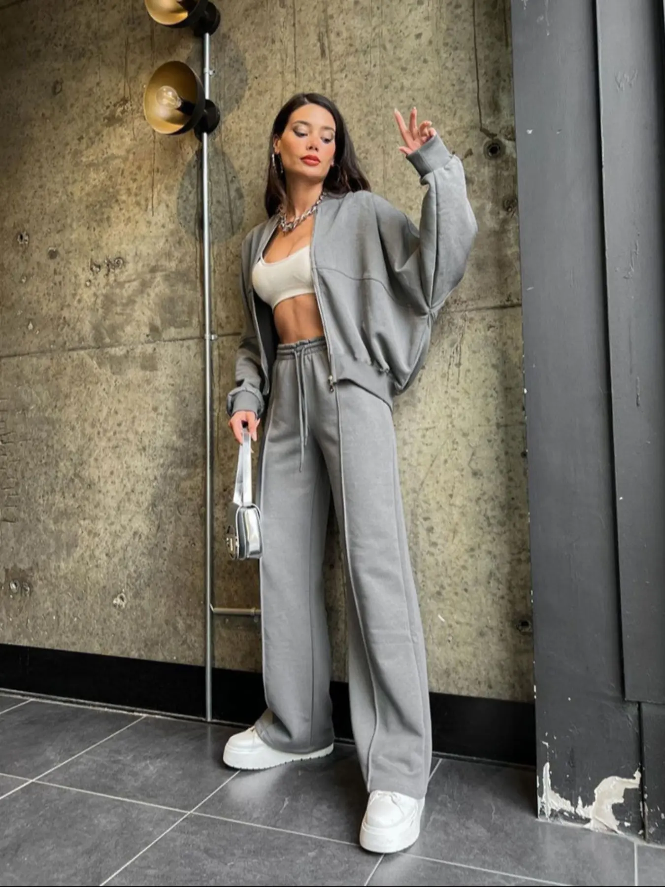 Women's Two-Piece Sportswear Set, Elegant Casual Solid Color Zip Hoodie & Loose Waist Pants, Fitted Sportswear for Spring & Fall, Sweat Suit Set, Sweatsuit Matching Set, Athleisure Sportswear Set, Hooded Sportswear Set