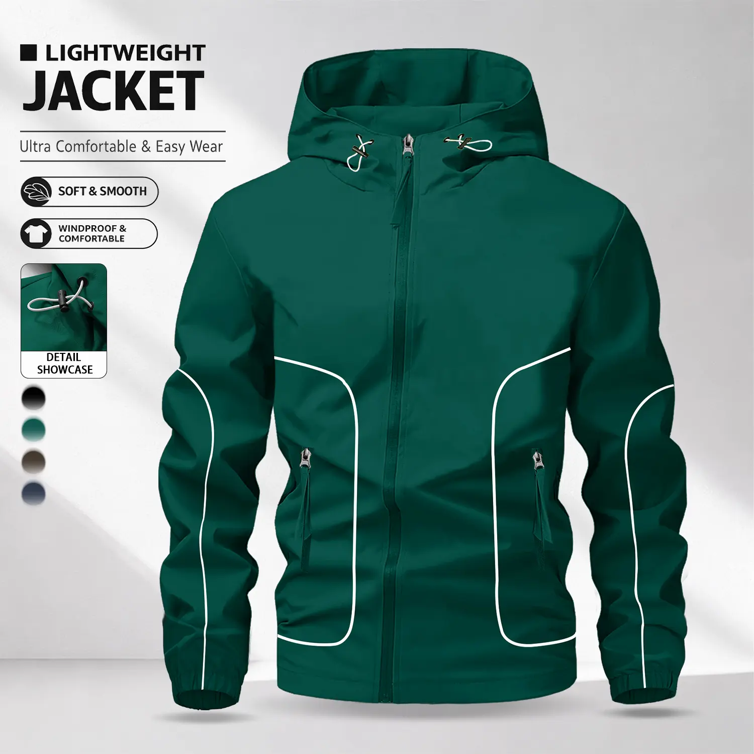 Men’s Autumn/Winter Reflective Strip Hooded Softshell Jacket — Lightweight Outdoor Casual Sports Jacket with Multiple Pockets