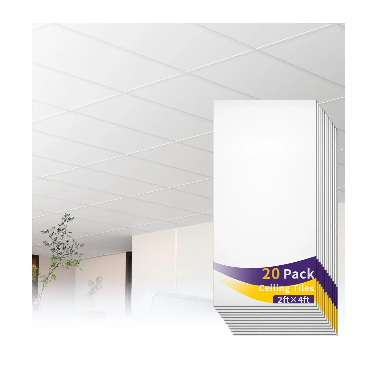 LooYee 2x4 ft PVC Ceiling Tiles (24x48in, 6 PCS, 48 Sq.Ft Coverage) - Smooth, Waterproof, Fireproof, Lightweight, Corrosion-Resistant, Reusable, Flexible, Easy to Install for Residential DIY Projects, Bathrooms (Durable for Restaurants)