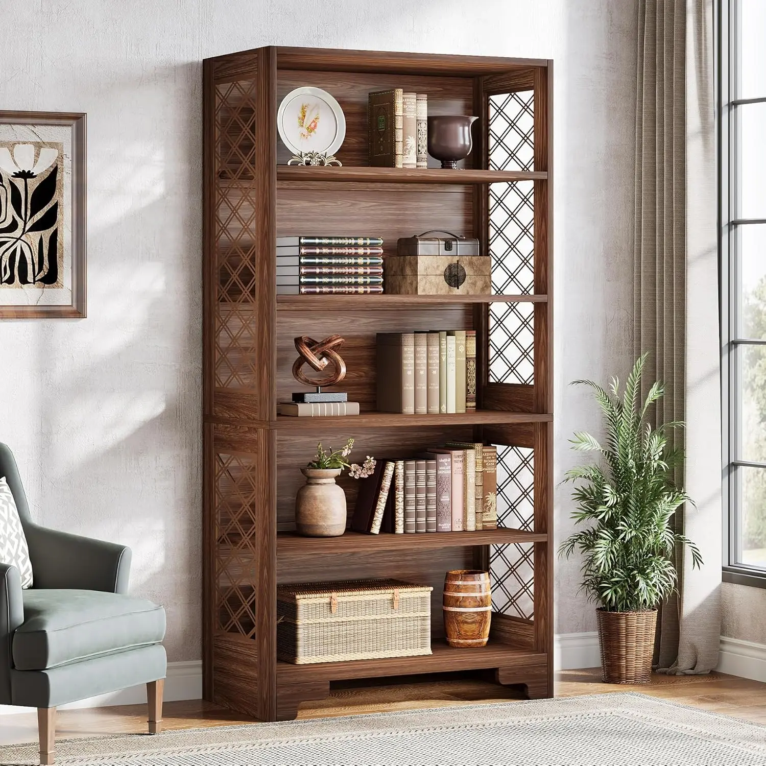 LITTLE TREE 6-Tier Bookcase, 70.8" Vintage Tall Bookcase,5-Shelf Mid-Century Display Rack Storage Shelves for Home Office, Living Room, Bedroom