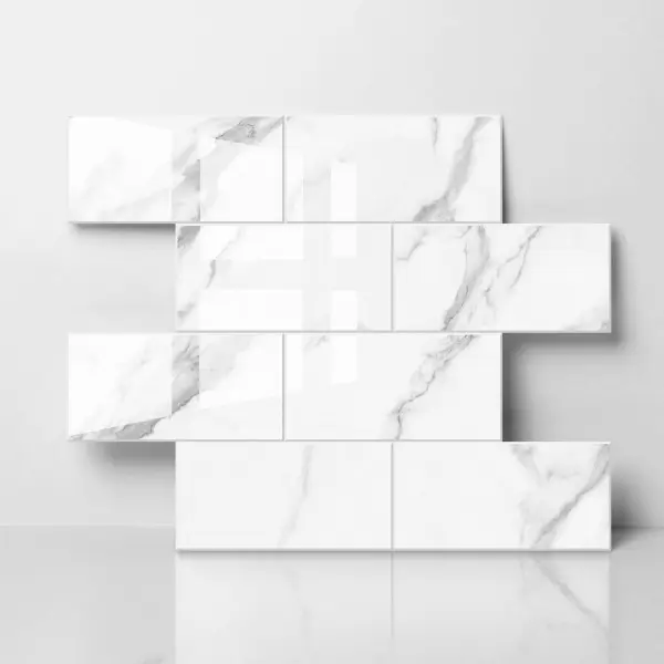 12" x 12"Sheet Subway Tile Peel and Stick Backsplash, Seamless Design  Glossy Carrara White Kitchen Backsplash Wall Tiles, PVC Stick on Backsplash for Kitchen, Bathroom, RV, Fireplace