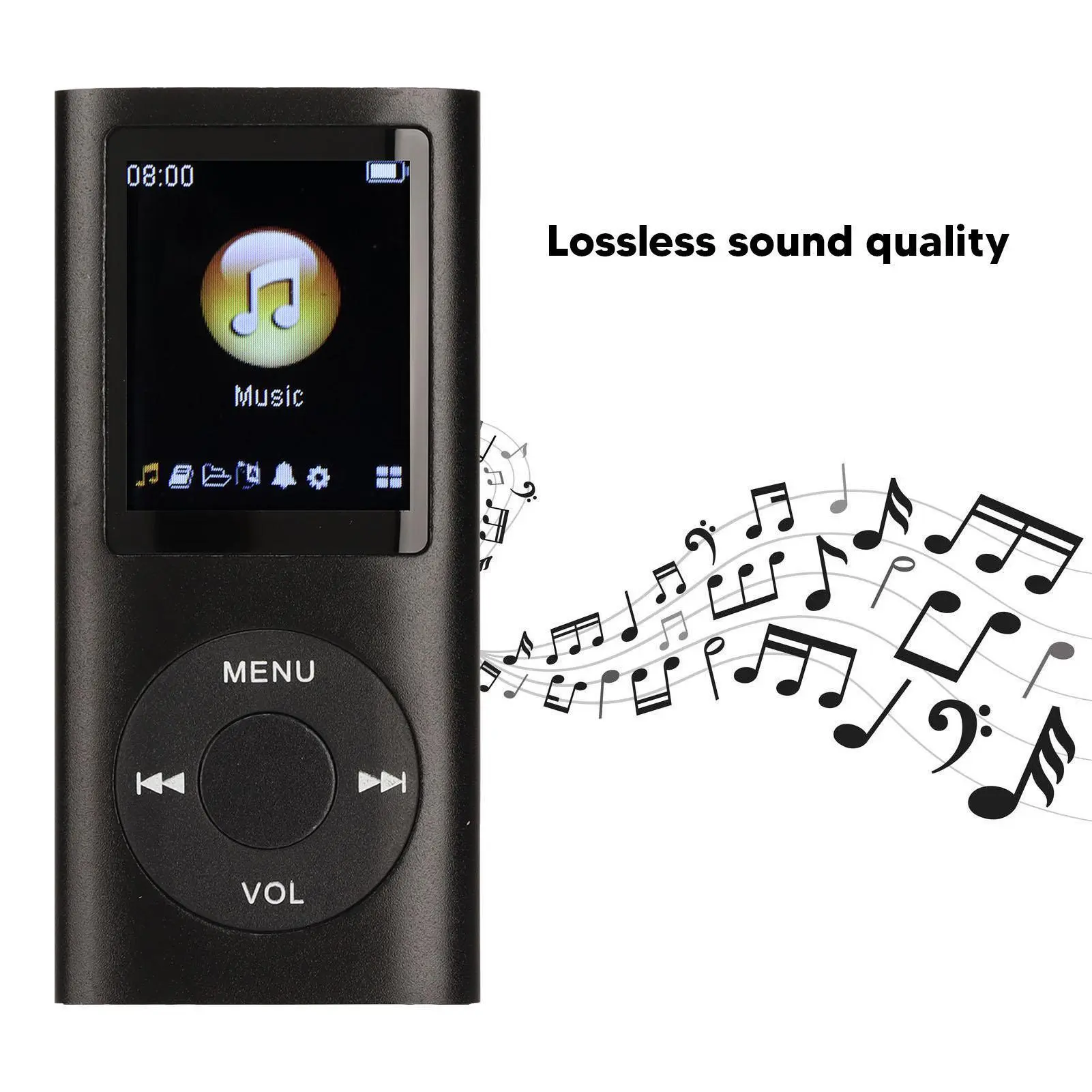 Pocket-Sized Aluminum Alloy Body MP3 Player with Bluetooth, Crisp LCD Screen, Memory Storage, Lossless Audio, Headphones & USB Cable for Workouts, Travel