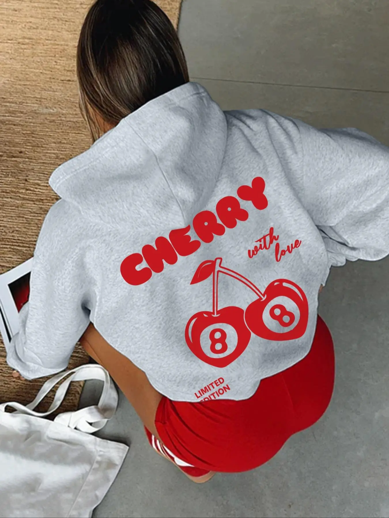 Women's Cherry & Letter Print Drop Shoulder Aesthetic Hoodie, Fashion Casual Drawstring Pocket Hooded Sweatshirt for Daily Holiday Outdoor Wear, Ladies Clothes for Fall & Winter