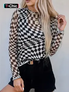 Summer Plaid Mesh Sheer Stand Collar Long Sleeve Top, Fabric, Stylish Casual Wear, Perfect for Daily, Comfortable and Breathable, Womenswear, Shirts