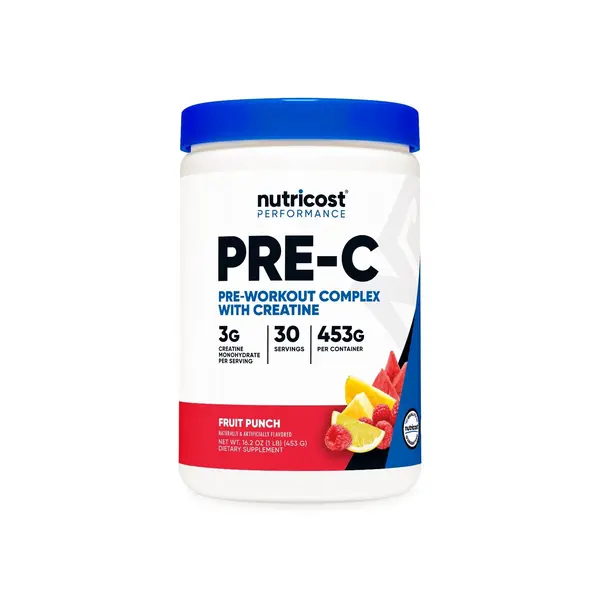 Nutricost Pre-C Pre-Workout Complex Dietary Supplement Powder - 3g Organic Creatine, 50% Alpha GPC, Caffeine Anhydrous, DMAE Bitartrate, Sucralose-Free, NSF Certified, Energy Boost for Adults (Fruit Punch, 450g, 30 Servings)