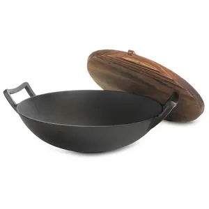 MegaChef 14" Heavy Duty Cast Iron Wok with Lid