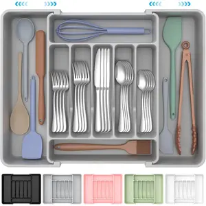 Extra Large Expandable Silverware Organizer, BPA-Free Food-Safe Cutlery Flatware Organizer, Kitchen Utensil Drawer Organizer, Adjustable Silverware Holder  Spoons Forks Knives, Gray