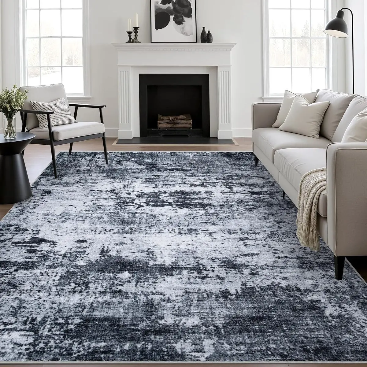 5x7 Area Rug Living Room: Modern Washable Indoor Carpet Black| For Bedroom Dining Room Farmhouse Nursery Hallway Office,Modern Abstract,Machine washable,Non-Slip,Stain Resistant,Indoor