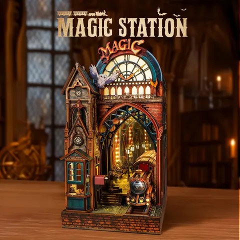FUNPOLA LED 3D Puzzle Magic Station Book Nook Kit, Interactive 3D Wood Puzzle LED Magical Miniature with Infinite Extension Space, DIY Bookshelf Insert Decor Gifts 234PCS