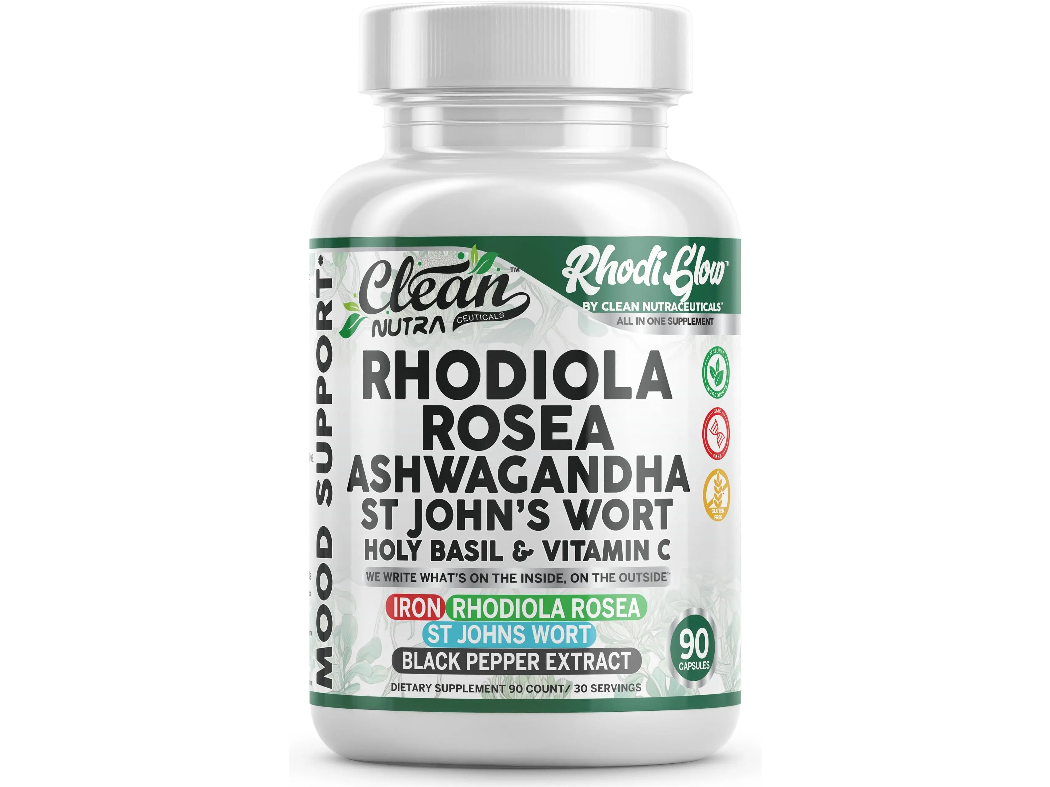 Clean Nutra Rhodiola Rosea, Ashwagandha & St. John’s Wort for Mood, Stress & Emotional Balance Support - Rhodi Glow