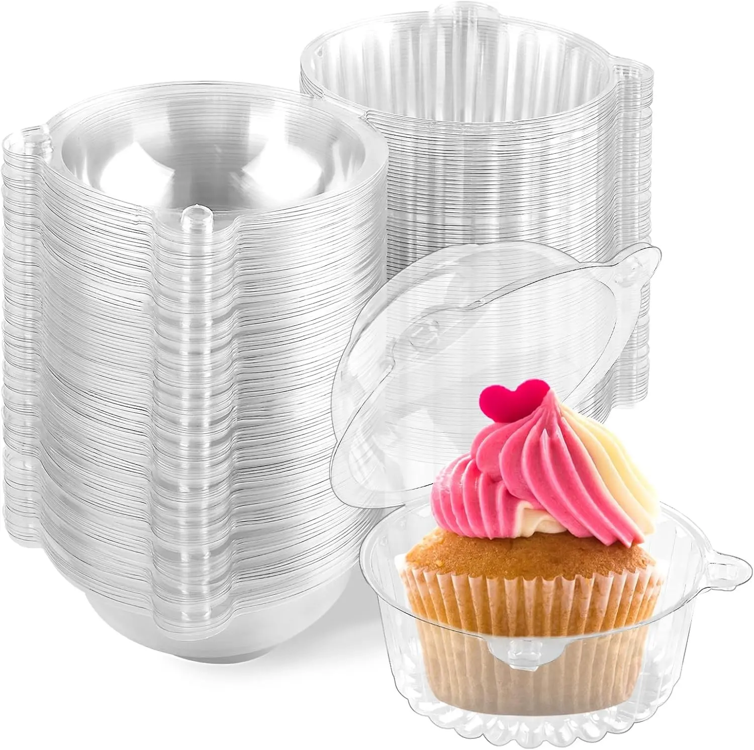 100 Pack Individual Cupcake Containers, Clear Plastic Cupcake Holders with Dome Lids, Single Cupcake Carriers for Cupcakes, Hot Cocoa Bombs, Muffins, Pastries