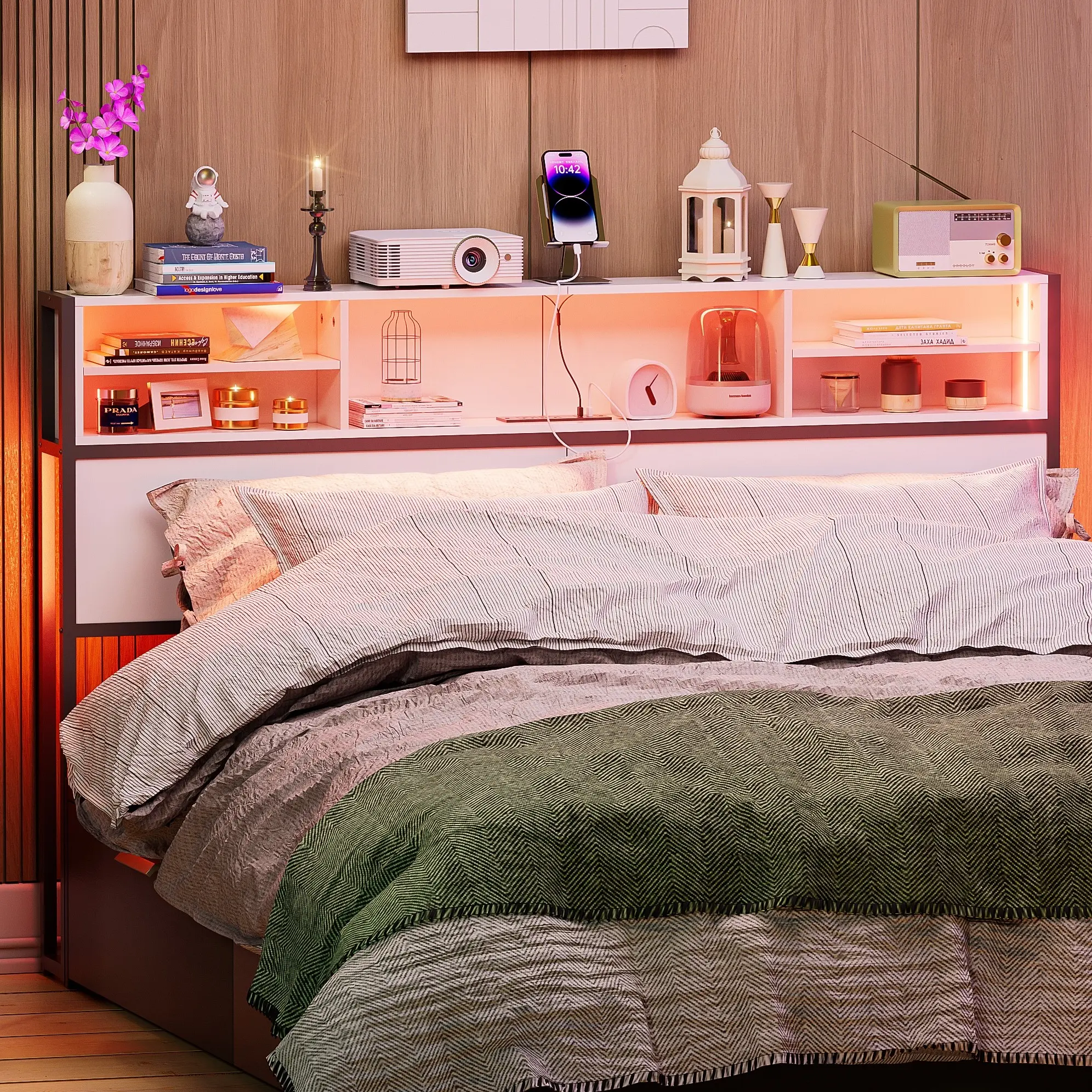 Queen Headboard with Outlets, USB Ports and LED Light,Headboard for Queen Size Bed Frame with Storage,Queen Headboard with Sturdy and Stable,Height Adjustable, White