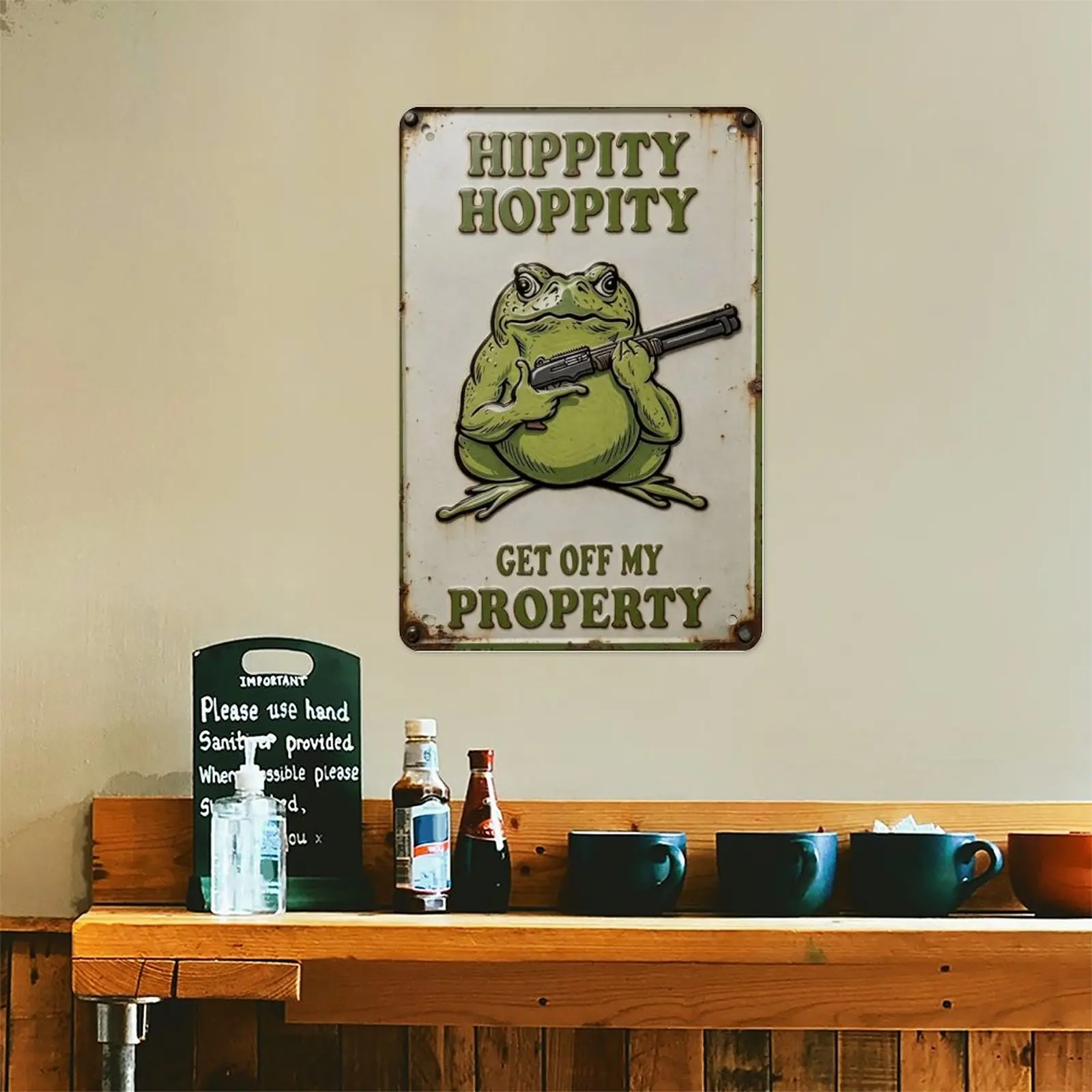Funny Frog "Hippity Hoppity Get Off My Property" Distressed Iron Hanging Sign, 20x30cm Gunmetal Finish Vintage Sarcastic Farmhouse Wall Art, Outdoor Porch Decor Gift