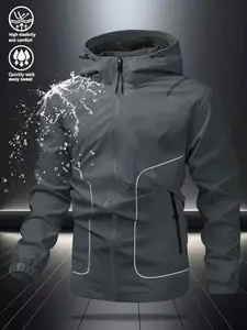 Men's Casual Waterproof Jacket with Adjustable Hat, Zippers, Coats, Durable Surface, Outdoor Sports & Daily Wear, Perfect Gift for Husband Boyfriend