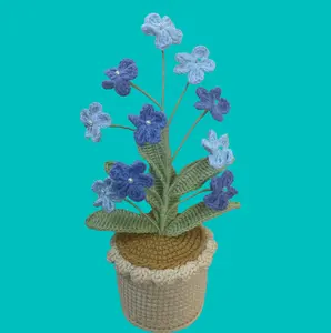 Handmade Crochet Flower Home Decor in Yarn - Blue Floral Arrangement in Pot for Stylish Interior Decor