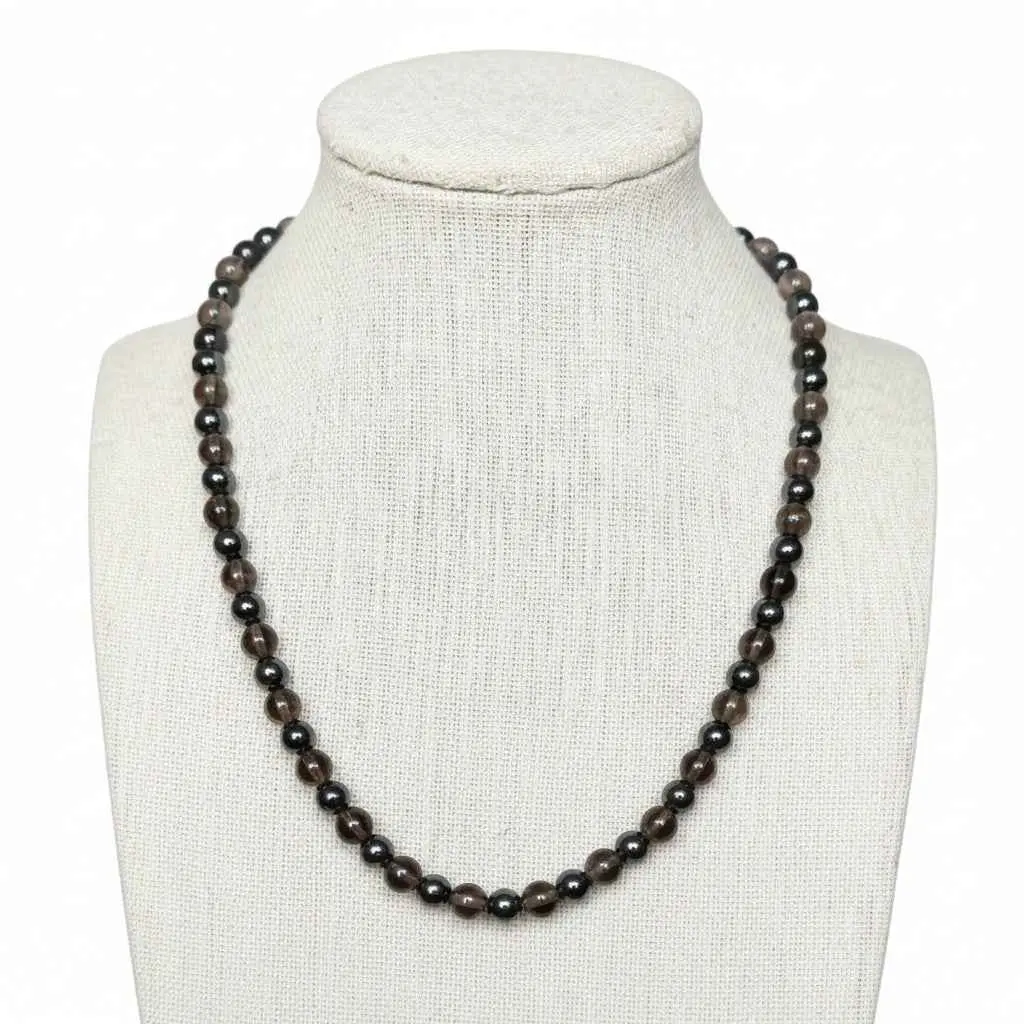 Smoky Quartz +Hematite Stretch Necklace 6mm • No Clasp • Clarity & Protection Crystal Jewelry • Handmade