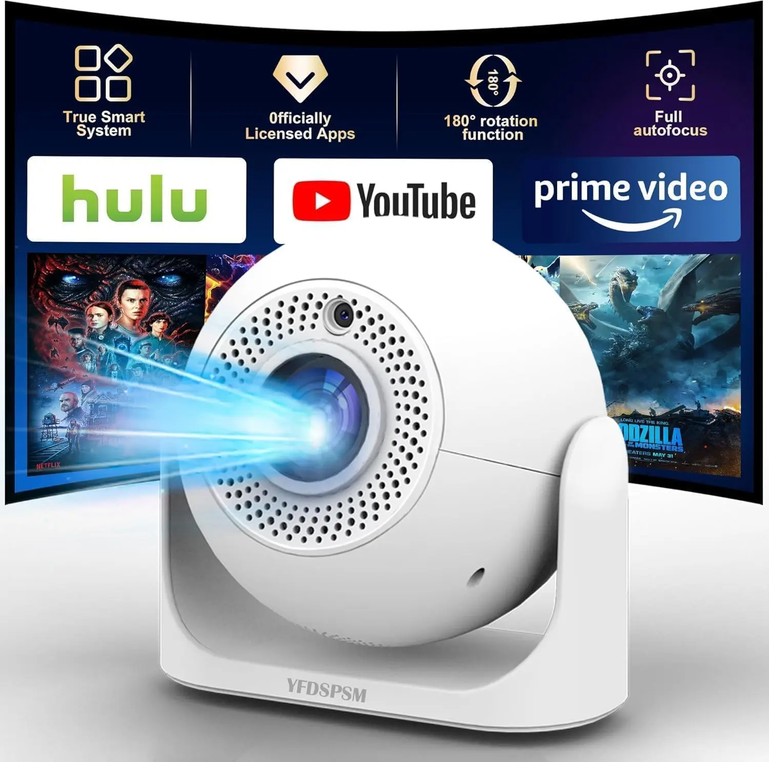 DEYSINN-【Built-in APPS & Auto Focus & 180° Rotation】Mini Projector with WiFi and Bluetooth, Portable Smart Ceiling Projector, Home Theater Outdoor Movie Bedroom Use, Compatible with Smartphone screen