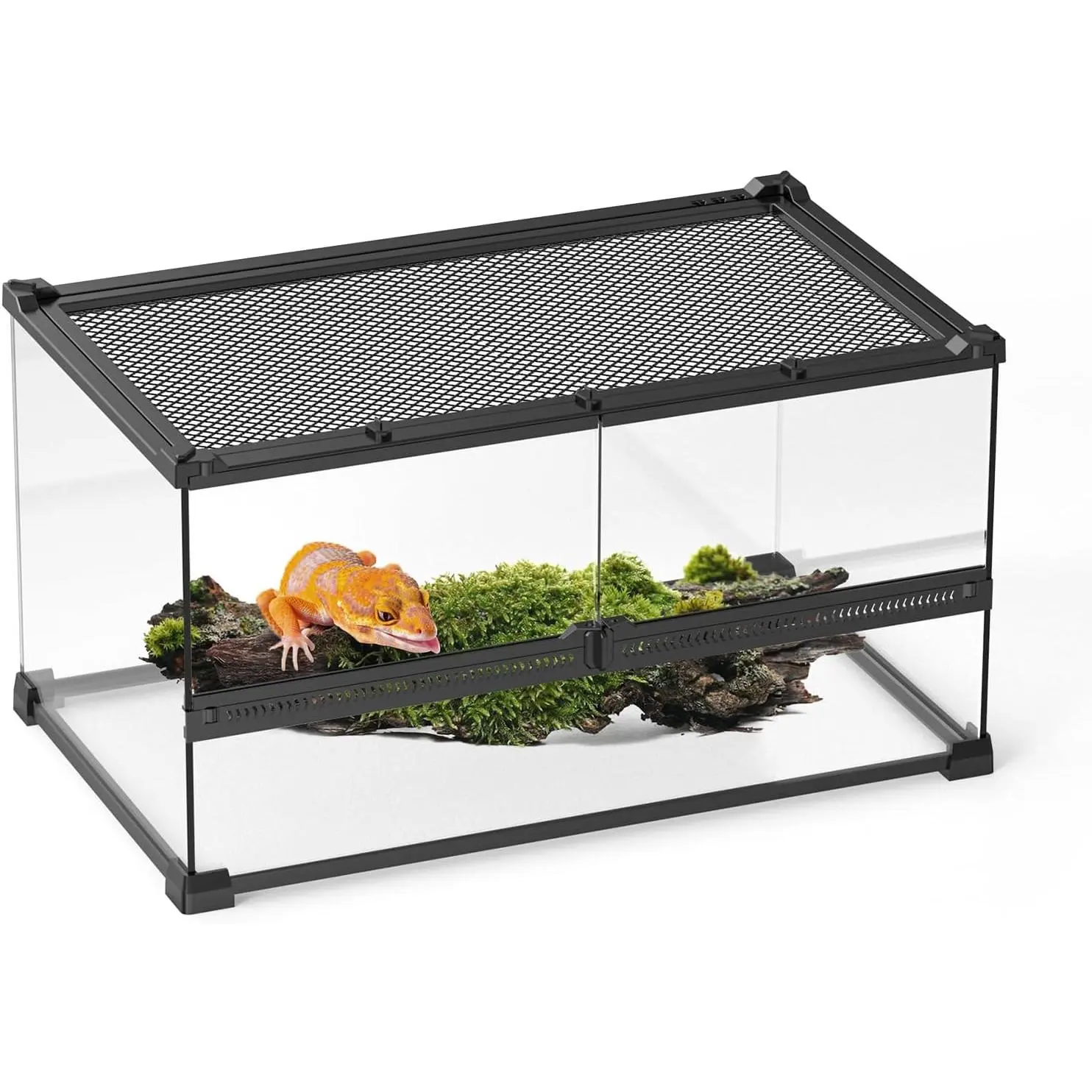 Tempered Glass Reptile & Amphibian Terrarium Tank, 20 x 12 x 10 inches, Front-Opening Double Door with Lock, Ventilated Mesh Top, 360° Panoramic Viewing, Base Support for Rainforests, Deserts & Amphibious Environments