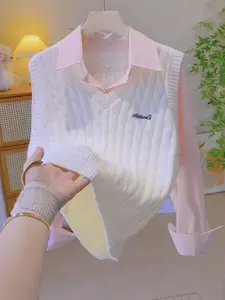 Women's Fashion Patchwork Knit Sweater, Spring & Fall New Korean Style Loose Fit Slimming Polo Neck Long Sleeve casual classy top