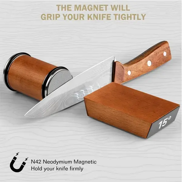 Wooden 2-Side Brown Rolling Knife Sharpener Kit with Diamond Stone for Smooth Cut, 15° & 20° Angle Home Kitchen Metal Knives Cutting Honing Tool