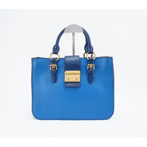 Pre-owned miu miu Calfskin Tote Bags Two Tone Blue Madras Leather Pushlock Tote BGP205499