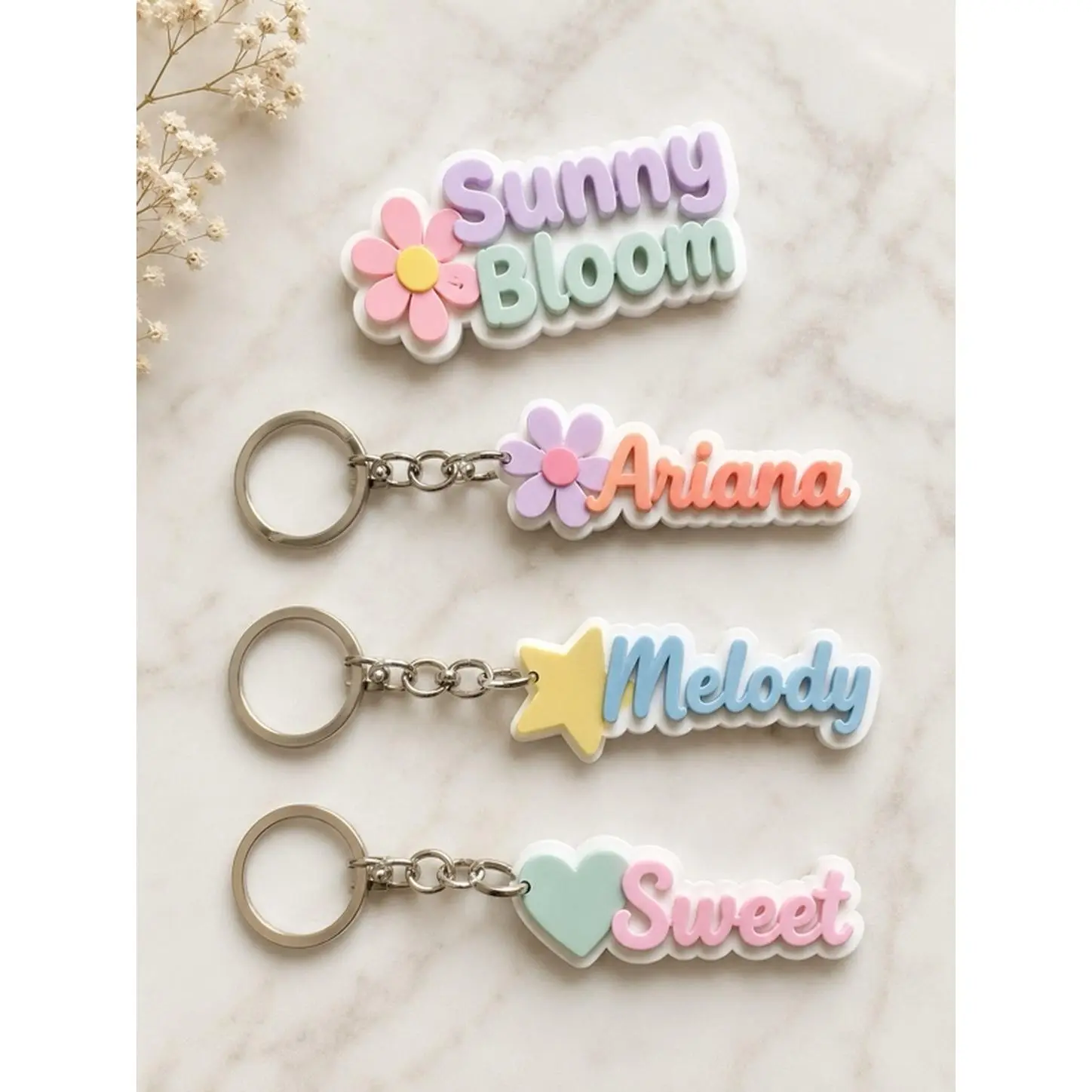 Custom 3D Printed Name Keychain with High-Quality PLA Filament Personalize with Any Name and Icon Flower Star Heart or Custom Lightweight Durable for Keys Backpacks Gifts Party Favors Birthdays or Everyday Use