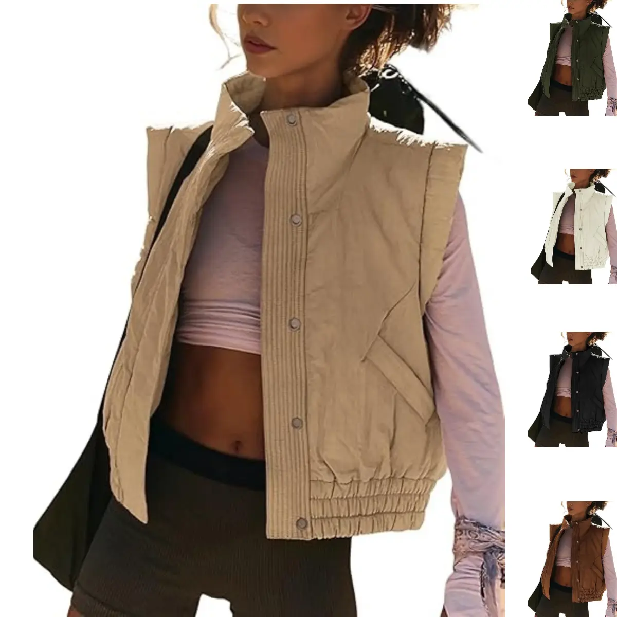 Tanming Women's Solid Basic Comfortable Cropped Puffer Vest - Lightweight, Button-Down, Quilted, Sleeveless, Padded Gilet Outerwear with Pockets for Fall