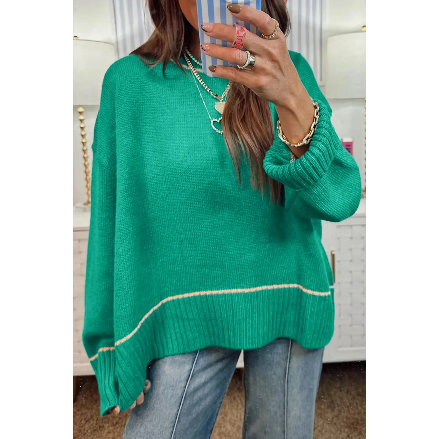Sea Green Contrast Detail Drop Shoulder Baggy Sweater