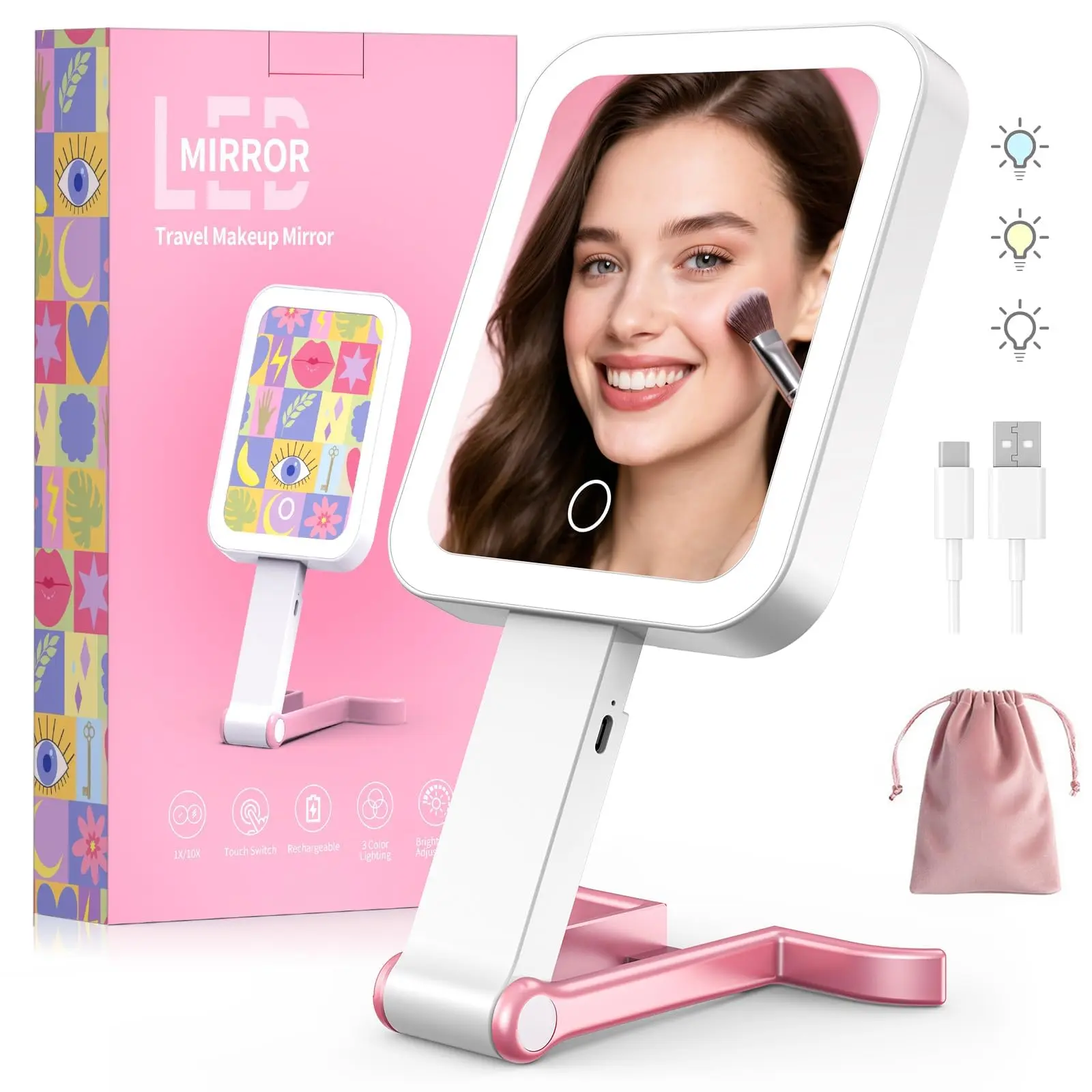 Portable Makeup Mirror with Lights | 10X/1X Magnifying, 3 Light Modes, USB-C Rechargeable, Pink Travel Vanity Mirror
