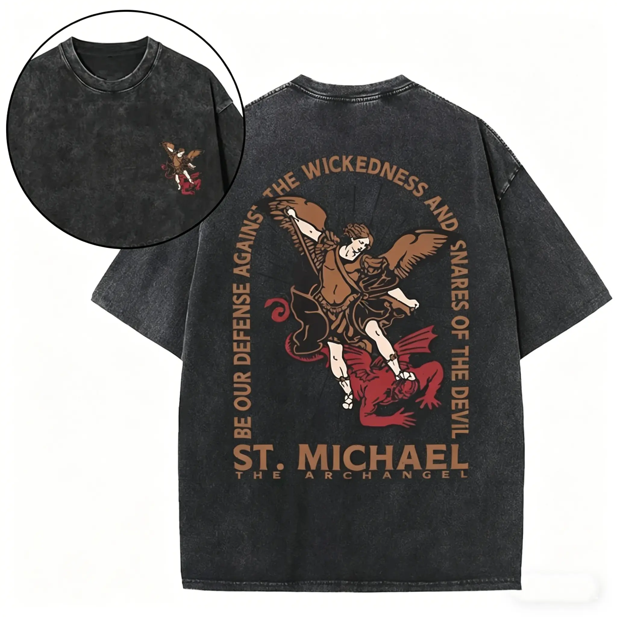 Men's Short-Sleeve Round Neck Classic Graphic T-Shirt - St. Michael the Archangel "Be Our Defense" Christian Faith Oversized Vintage Streetwear Tee