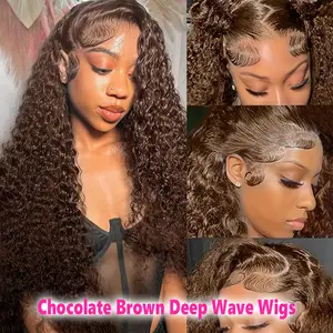 Bling Hair Deep Wave Chocolate Brown Colored 13x4/13x6 HD Transparent Lace Wigs Human Hair 180% Density for Women Pre Plucked with Natural Hairline