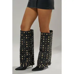 AZALEA WANG ANISSA BLACK MULTI GOLD HARDWARE STILETTO BOOT