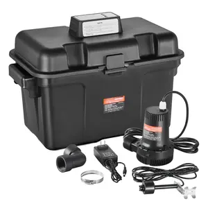 Basement Emergency Back-Up Sump Pump System with 2000 GPH 0.17 HP Battery Backup, Automatic Operation, Quiet Submersible Pump, Water Alarm, Durable Construction, Ideal for Basement Flood Prevention and Safety