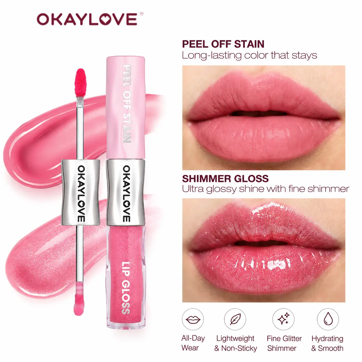 OKAYLOVE Peel Off 2-in-1 Lip Tint & Shimmer Gloss Duo, Long Lasting Lip Stain, Hydrating Non Sticky Glossy Lip Makeup
