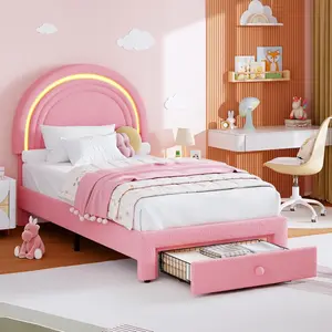Pink Twin Upholstered LED Bed Frame - with Storage Drawer and Rainbow Headboard,Berber Fleece Princess Platform Bed for Kids,Solid Wood Slat Support,No Box Spring Needed,Easy Assembly