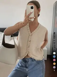 Women's Plain Basic Crop Fitted Sweater Vest, Casual Sleeveless Cropped Knitwear for Spring & Fall, Fashion Women's Knit Clothing for Daily Wear, Tops, Womenswear