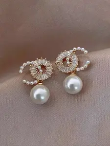 Women's Elegant Copper Micro-Pavé Cubic Zirconia & Faux Pearl C Shape Bridal Dainty Earrings, Wedding & Daily Wear Jewelry Gift Idea, Pearl Accents, Dangle Earrings, Drop Earrings, Earrings Dangling