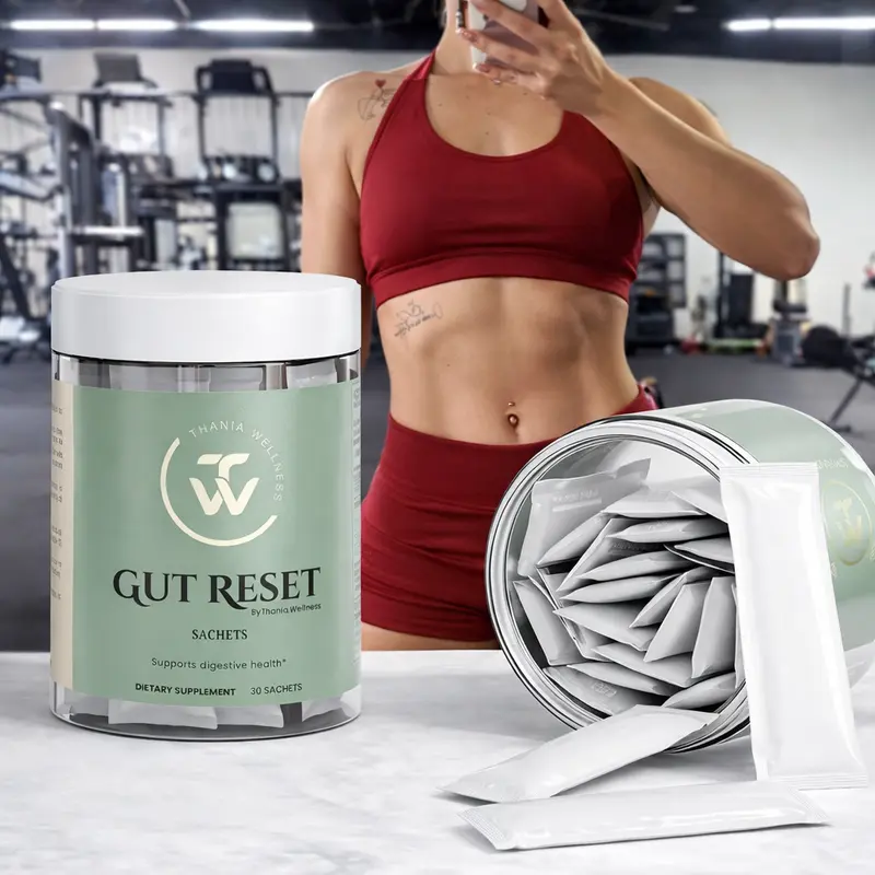 thania.wellness Burpless Gut Reset Dietary Supplement Powder Sachets - Ginger Root, Psyllium Husk, Digestive Enzymes, Fiber Blend, Botanical Extracts for Gut Cleanse, Regular Bowel, Bloated Stomach Relief
