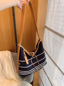 Women's Casual Striped Canvas Bucket Bag, Lightweight Large Capacity Crossbody Shoulder Bag, Trendy Design Water Bucket Handbag