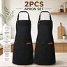 Black Chef Aprons - 2-Piece Chic Neutral Minimalist Polyester Kitchen Cooking Aprons Set, Adjustable One Size, 3 Pockets, Spill-Proof, All Seasons, Comfortable, Machine Washable Home Supplies, Gifts for Him