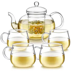 Blossoms Glass Teapot & Four Teacups Set