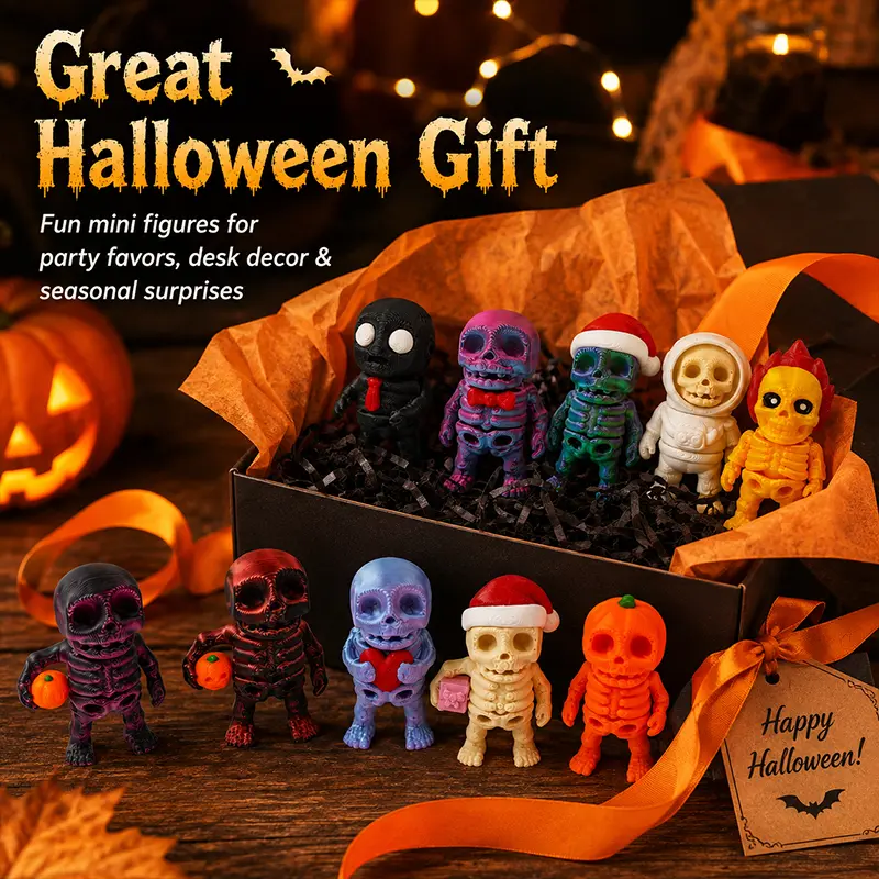 10/13 Styles Mini 3D‑Printed Skeleton Figures Cute Halloween Desk Ornament Set, Spooky‑Cute Skeleton Toy Decor, Perfect for Halloween Party Favors, Table Shelf Decoration & Holiday Gift