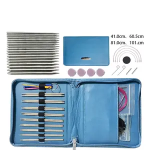Blue Interchangeable Circular Knitting Needles, Detachable Cord System & PU Case, Adjustable Length Craft Tools
